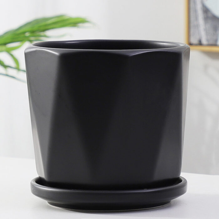 Ceramic Flower Pot – Simple Matte White with Black Belt Tray, Nordic Style - Image 3